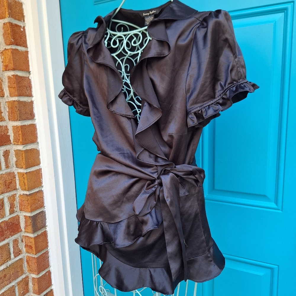 Wrap-Around Top Vintage Black Satin Ruffle Puff Sleeve Blouse - Picture 16 of 16